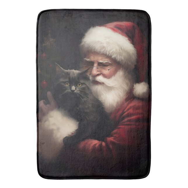 Schwarze Katze mit Weihnachtsmann Weihnachten Badematte (Vorderseite Vertikal)