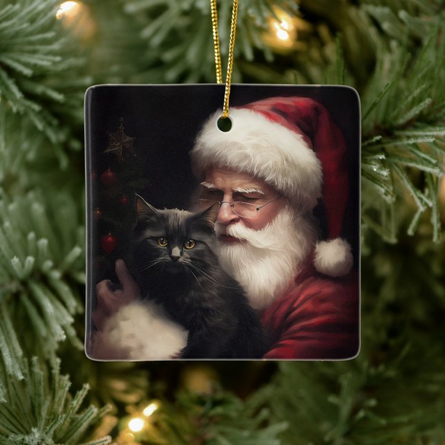 Schwarze Katze mit Weihnachtsmann Weihnachten Keramikornament (Baum)