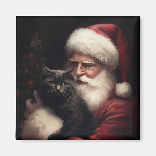 Schwarze Katze mit Weihnachtsmann Weihnachten Magnet (Vorne)