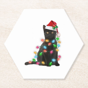 Schwarze Katze mit Weihnachtsmannhut Weihnachtslic Untersetzer