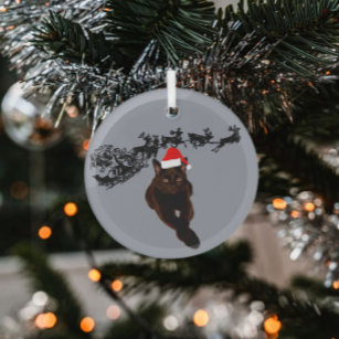 Schwarze Katze mit Weihnachtsmannmütze   Schlitten Ornament Aus Glas