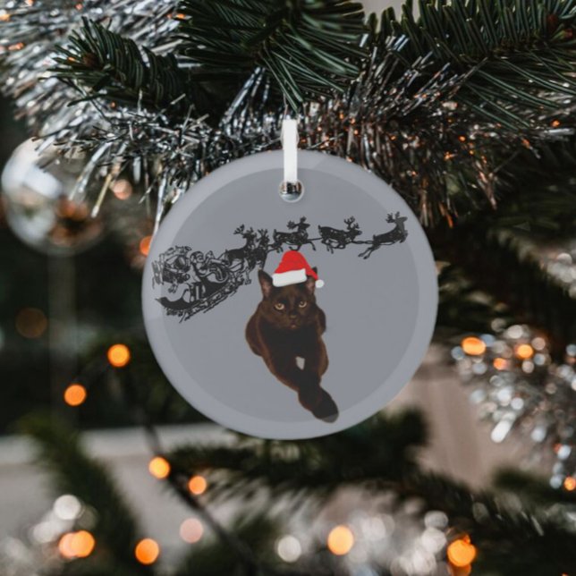 Schwarze Katze mit Weihnachtsmannmütze | Schlitten Ornament Aus Glas (Von Creator hochgeladen)