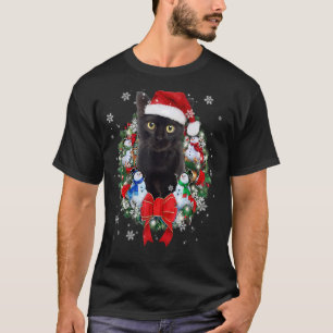Schwarze Katze mit Weihnachtsmannmütze und Karpfen T-Shirt