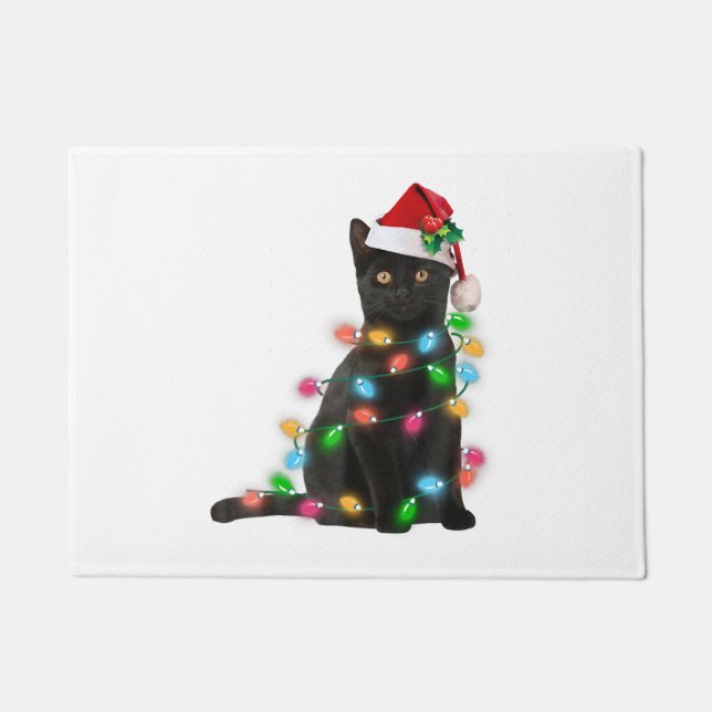 Schwarze Katze mit Weihnachtsmannmütze Weihnachtsb Fußmatte (Vorderseite)