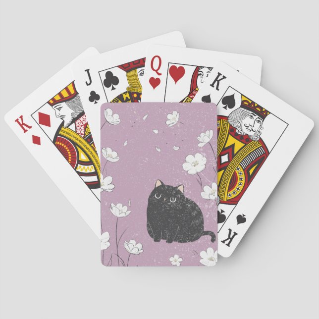 Schwarze Katze mit weißen Blume Spielkarten (Rückseite)