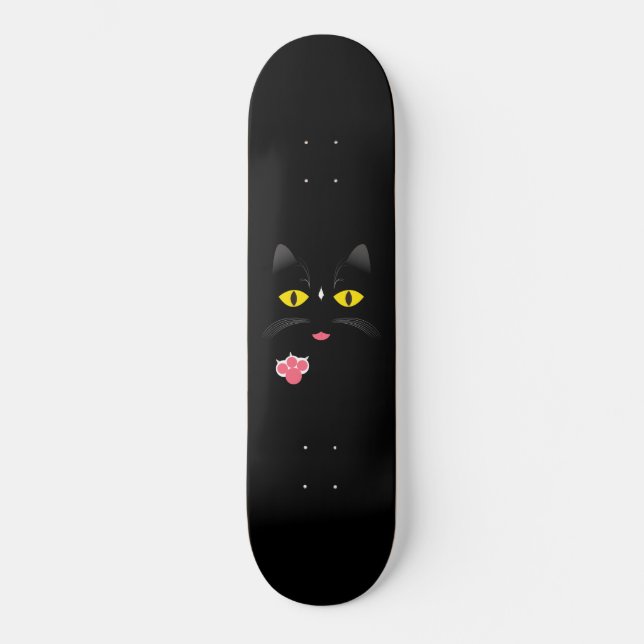 Schwarze Katze mit weißen Kennzeichen Skateboard (Vorderseite)