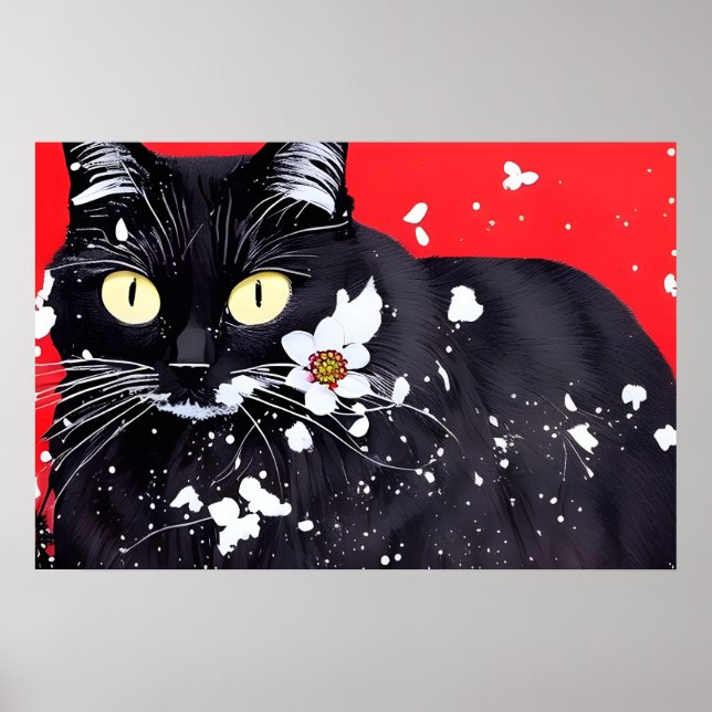 Schwarze Katze mit weißer Blume, roter Hintergrund Poster (Vorne)