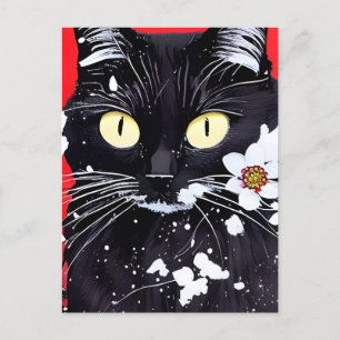 Schwarze Katze mit weißer Blume, roter Hintergrund Postkarte