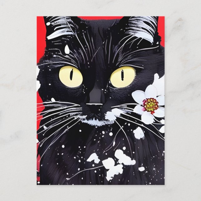 Schwarze Katze mit weißer Blume, roter Hintergrund Postkarte (Vorderseite)