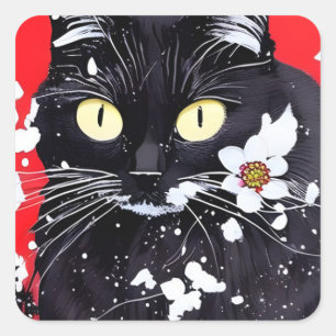 Schwarze Katze mit weißer Blume, roter Hintergrund Quadratischer Aufkleber