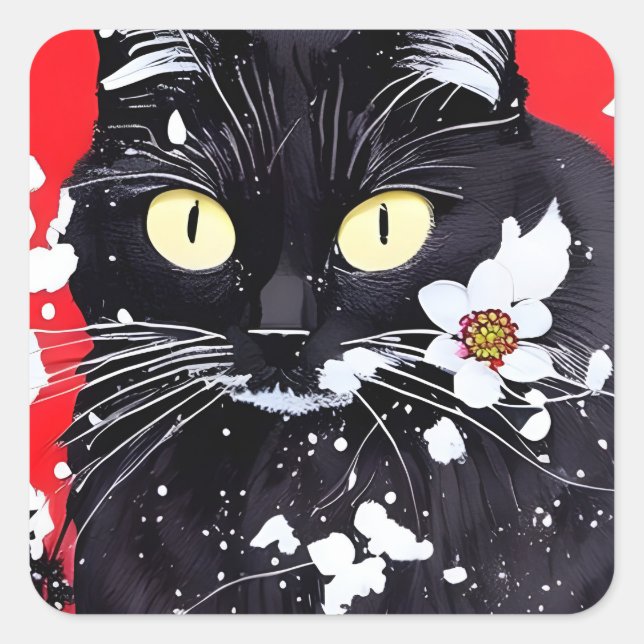 Schwarze Katze mit weißer Blume, roter Hintergrund Quadratischer Aufkleber (Vorderseite)