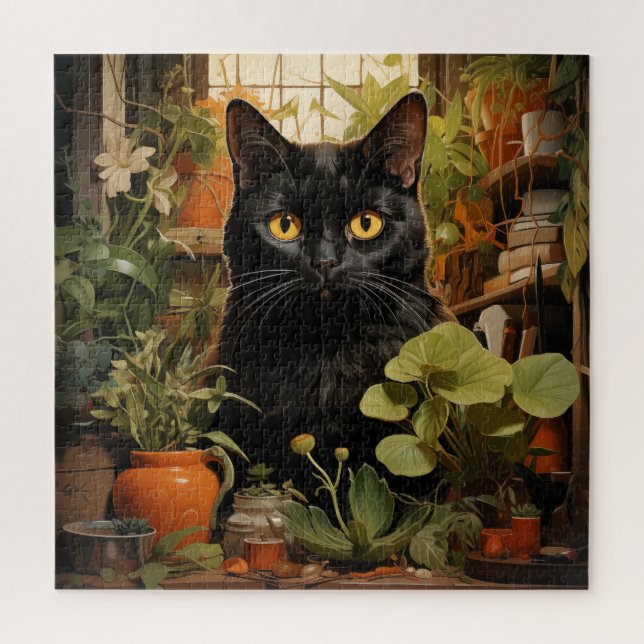 Schwarze Katze mit Zimmerpflanzen Puzzle (Vertikal)