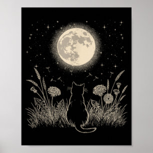 Schwarze Katze Mond Blumen Ästhetik Männer Frauen Poster