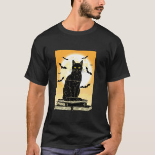 Schwarze Katze Mond & Fledermäuse Retro T-Shirt
