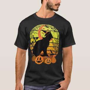 Schwarze Katze Mond Kürbis Hexenhut Halloween Grus T-Shirt