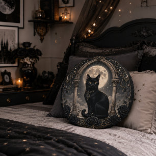 Schwarze Katze Mondlicht-Gotik Himmels-Dunkelroman Rundes Kissen