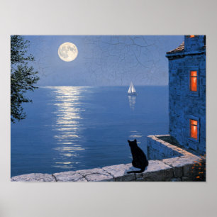 Schwarze Katze Mondlicht Meer Gemälde Poster