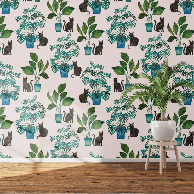 Schwarze Katze Monstera Hauspflanze Rosa Tapete (Black cat with monstera houseplant watercolor  art wallpaper)
