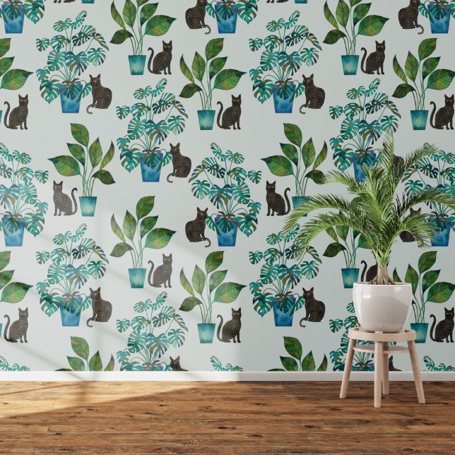 Schwarze Katze Monstera Tapete (Black cat with Monstera houseplant  art wallpaper)