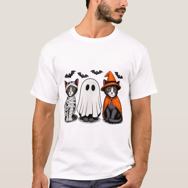 Schwarze Katze Mummy Hexenghost Halloween-Kostüm T-Shirt (Vorderseite)