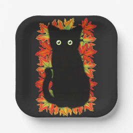 Schwarze Katze, Muster der Herbstblätter, Hallowee Pappteller