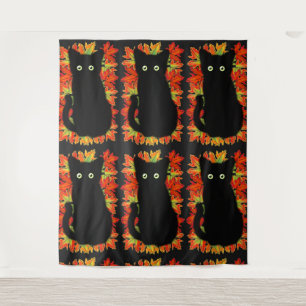 Schwarze Katze, Muster der Herbstblätter, Hallowee Wandteppich