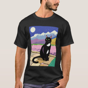 Schwarze-Katze-Nachtszenario Kirschblüten-Mond-Ber T-Shirt