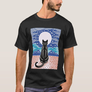 Schwarze-Katze-Nachtszene Kirschblüten-Mond-Berg T-Shirt