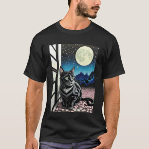 Schwarze-Katze-Nachtszenen-Kirschblüten-Mond-Berg T-Shirt