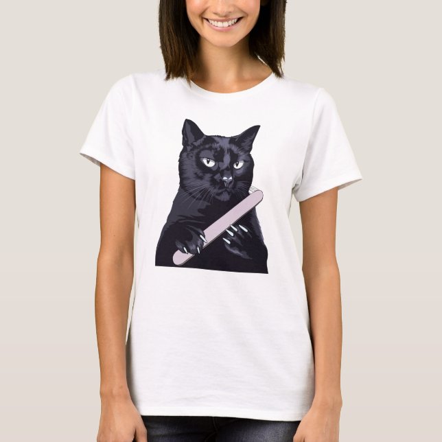 Schwarze Katze Nagelfeile Maniküre Lustige Freche  T-Shirt (Vorderseite)