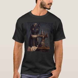Schwarze Katze näht Steampunk T-Shirt