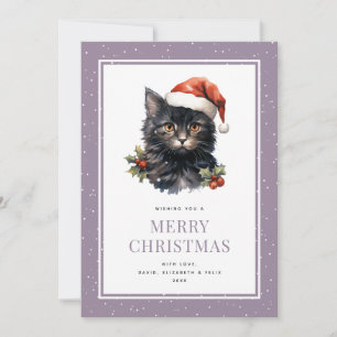 Schwarze Katze Niedlich Lila Frohe Weihnachtskarte Feiertagskarte