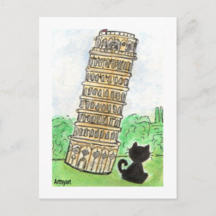 Schwarze Katze Noir Chat Schiefer Turm von Pisa Postkarte