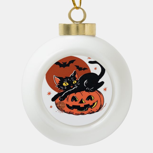 Schwarze Katze, nostalgischer Halloween-klassische Keramik Kugel-Ornament (Vorderseite)