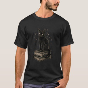 Schwarze Katze Okkult Mond Mystisches Buch Hexerei T-Shirt