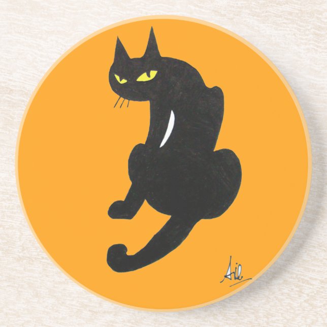 SCHWARZE KATZE, orange gelb Sandstein Untersetzer (Vorne)