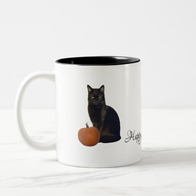 Schwarze Katze Orange Pumpkins glückliches Hallowe Zweifarbige Tasse (Links)