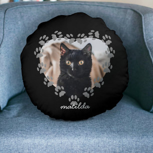 Schwarze Katze Pet Foto Paw Print Round Pilze Rundes Kissen