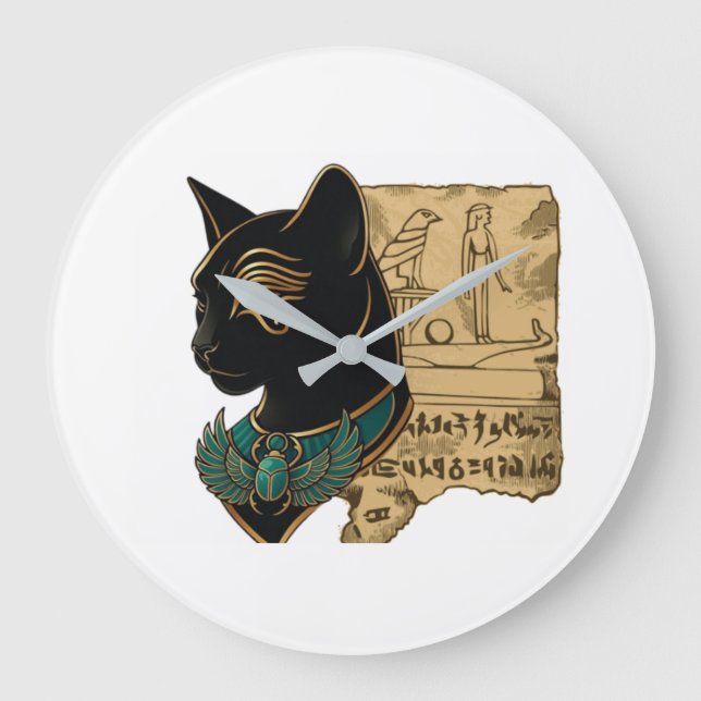 Schwarze Katze Pharao Design Große Wanduhr (Vorderseite)