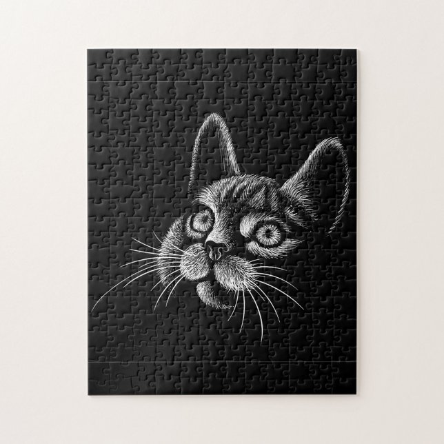 Schwarze Katze Puzzle (A jigsaw puzzle featuring a black background with a white sketch of a cat's head. )