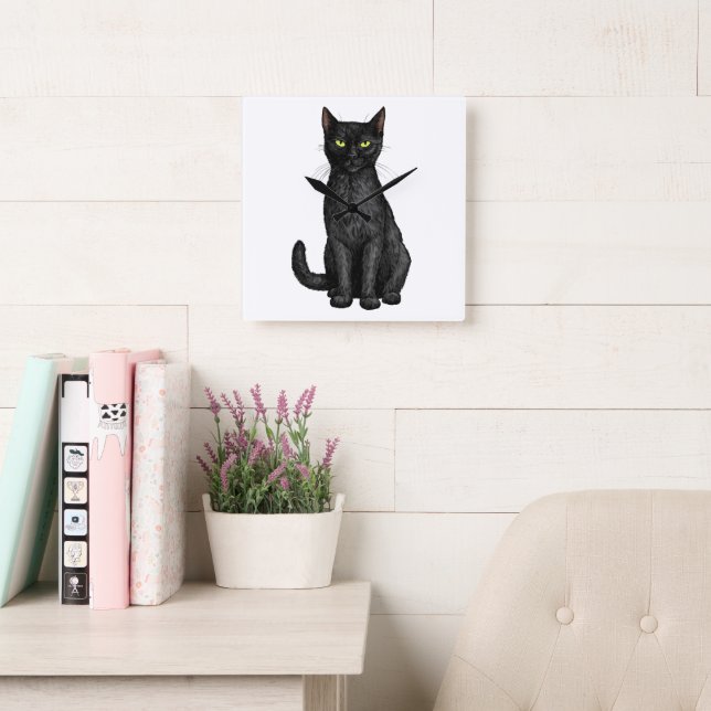 Schwarze Katze Quadratische Wanduhr (Lesesaal)