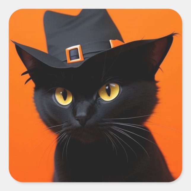 Schwarze Katze Quadratischer Aufkleber (Close-up of a black cat with yellow eyes wearing a black witch hat with an orange buckle!)