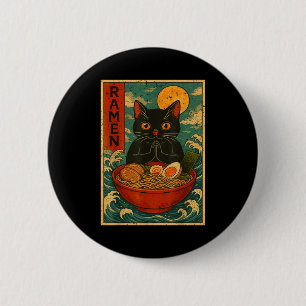 Schwarze Katze Ramen Japanische Grafik-Shirts für Button