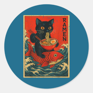 Schwarze Katze Ramen Japanische Grafik-Shirts für Runder Aufkleber