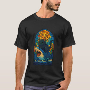Schwarze Katze reitet auf Hai-Buntglas T-Shirt