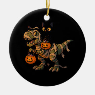 Schwarze Katze reitet auf Mumien-T-Rex – Süßer Hal Keramik Ornament