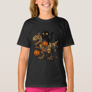 Schwarze Katze reitet auf Mumien-T-Rex – Süßer Hal T-Shirt
