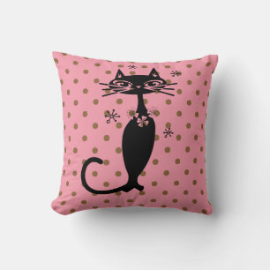 SCHWARZE KATZE RETRO PINK POLKA DOT PILLOW KISSEN