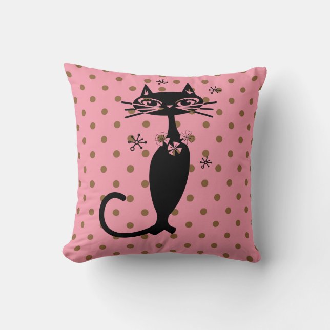SCHWARZE KATZE RETRO PINK POLKA DOT PILLOW KISSEN (Vorderseite)