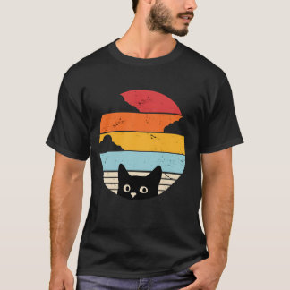 Schwarze Katze Retro-Sonnenuntergang T-Shirt